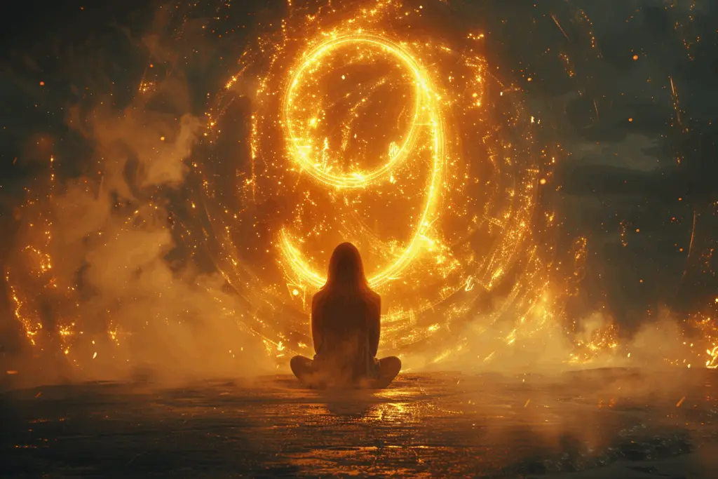 Une femme méditante devant le chiffre 9 car c'est la numérologie de 2025