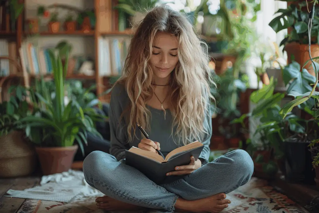 Une femme utilisant l'écriture intuitive pour faire son journal intime