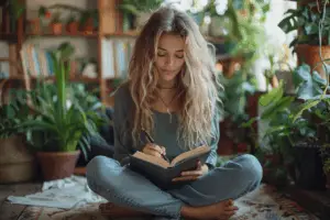 Une femme utilisant l'écriture intuitive pour faire son journal intime