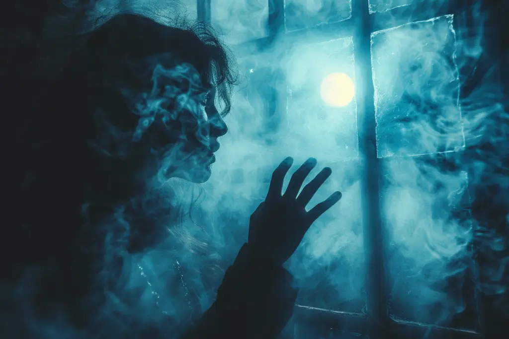 Une femme regardant par la fenêtre afin de communiquer avec les esprits.