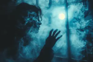 Une femme regardant par la fenêtre afin de communiquer avec les esprits.