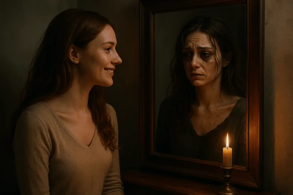 Femme souriante devant un miroir dont le reflet révèle un visage triste et fatigué, symbole des schémas destructeurs intérieurs.
